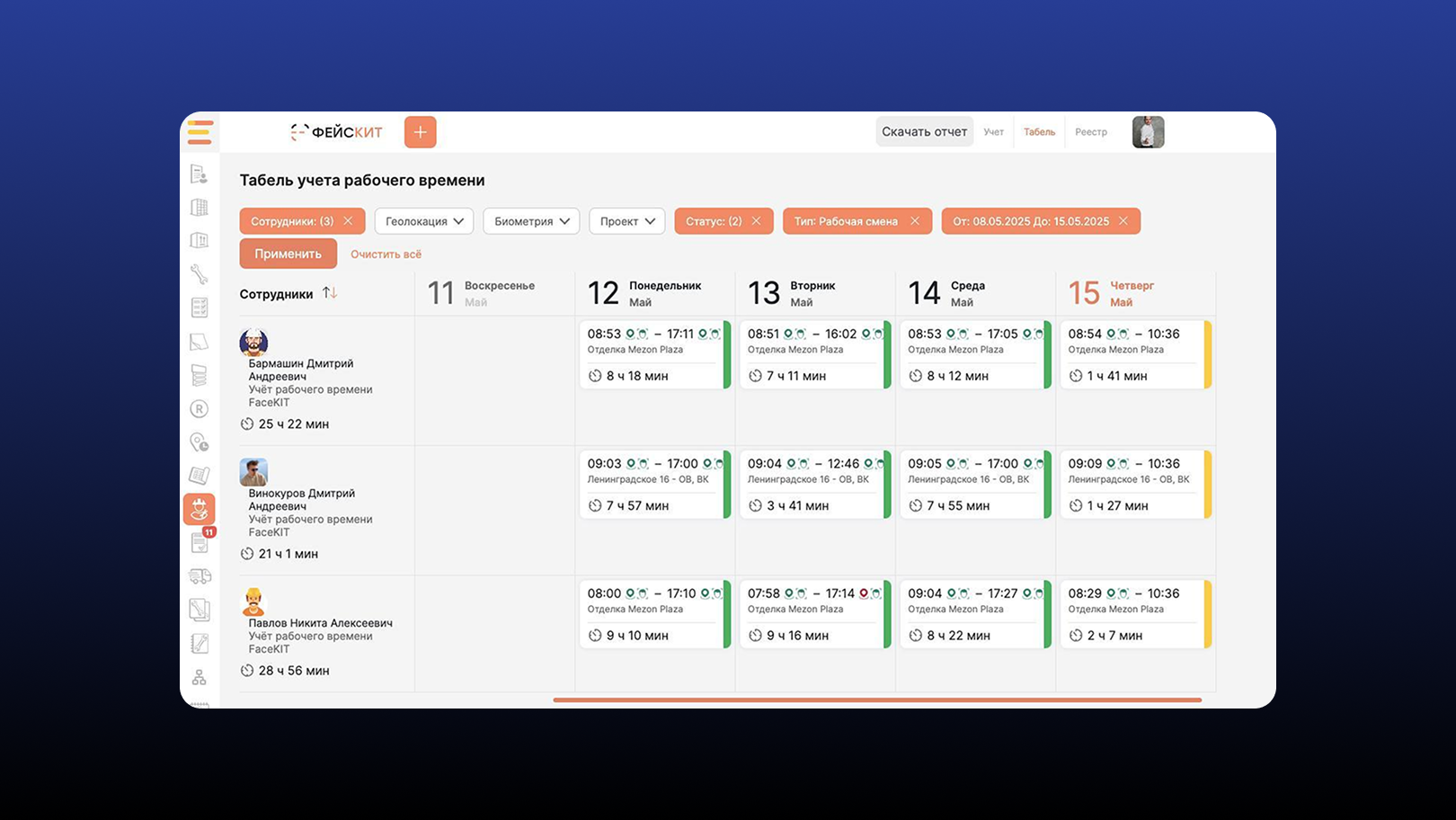 Пример сформированного табеля учета рабочего времени