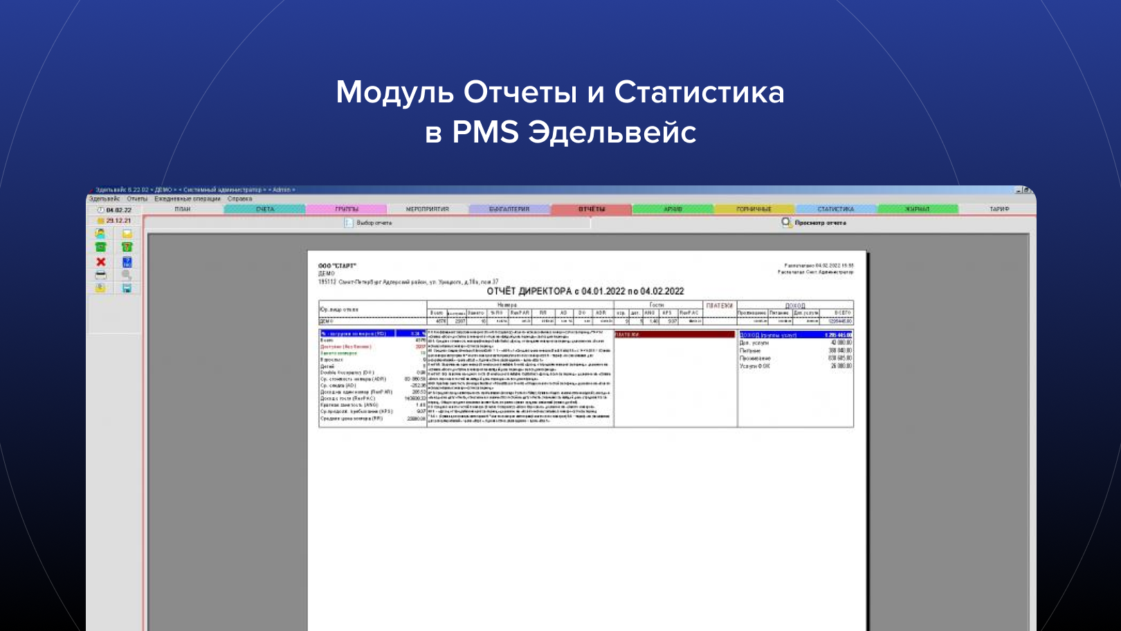 Модуль Отчеты и Статистика в PMS Эдельвейс